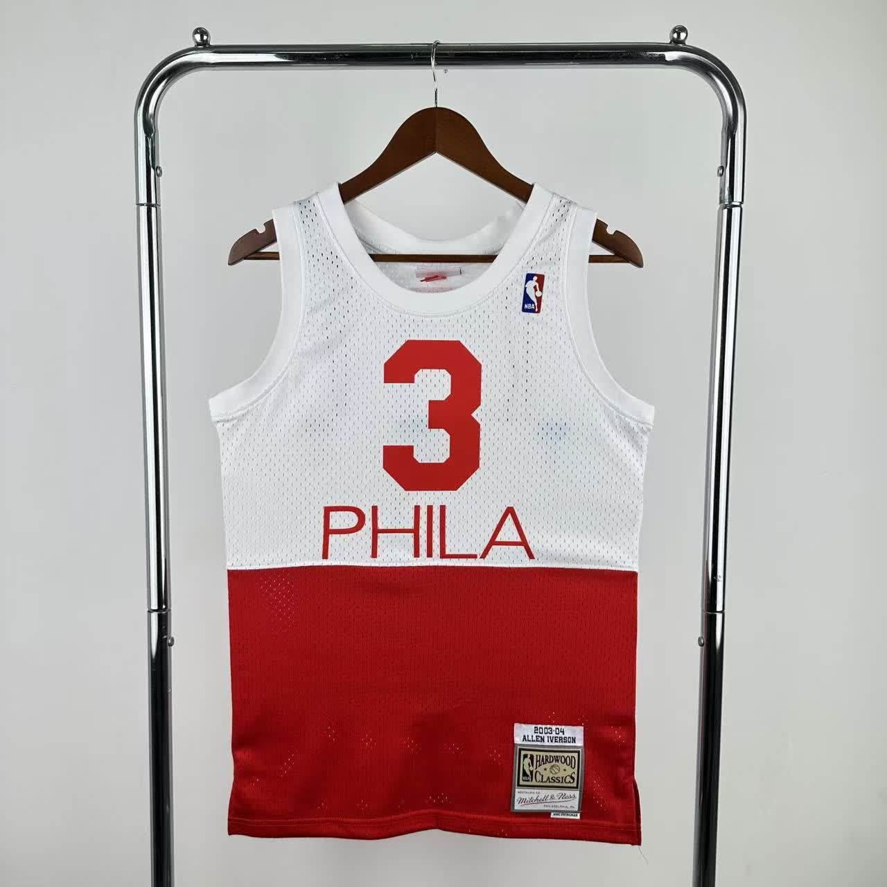 MN retro hot press jersey SW: 76ers team 03/04 season white and red 3 # Iverson S-XXL