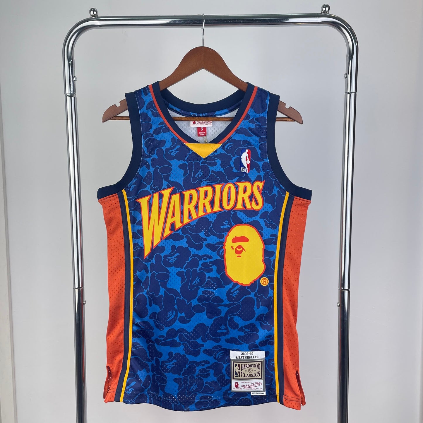 BAPE × M&N joint jersey: Warriors Ape Head