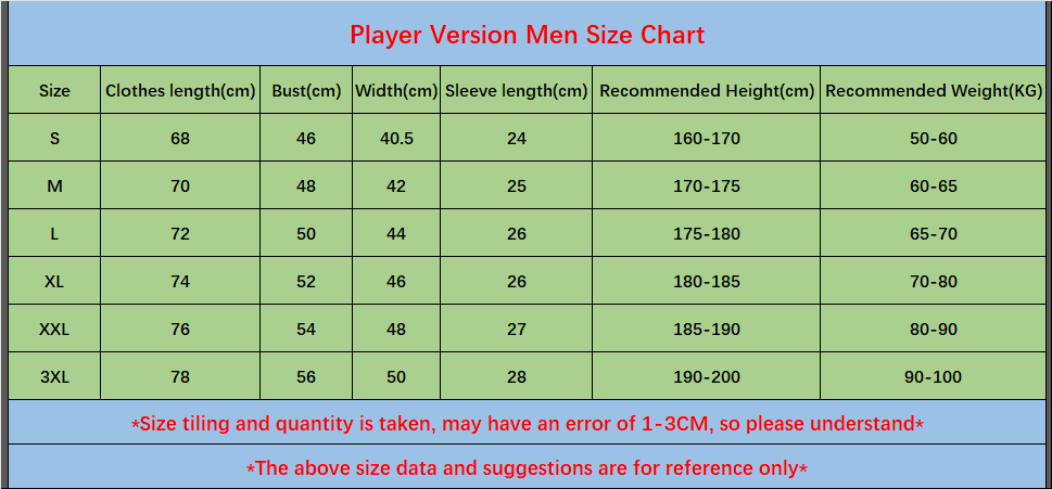 Player version size chart