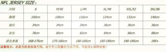 NFL Size chart