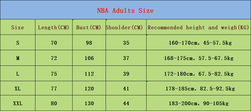 NBA Adult Size Chart
