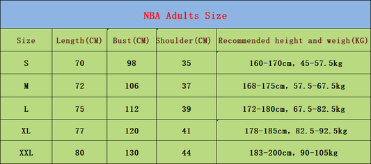 NBA Adult Size Chart