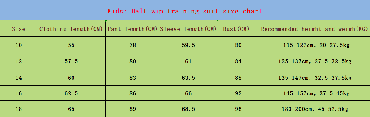 Kids training suit with half zipper Size
