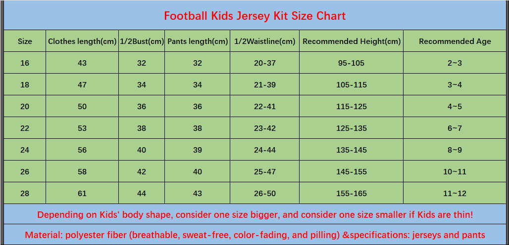 Football kids shirt kit size chart