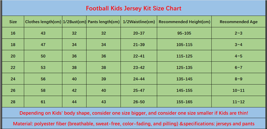 Football kids shirt kit size chart