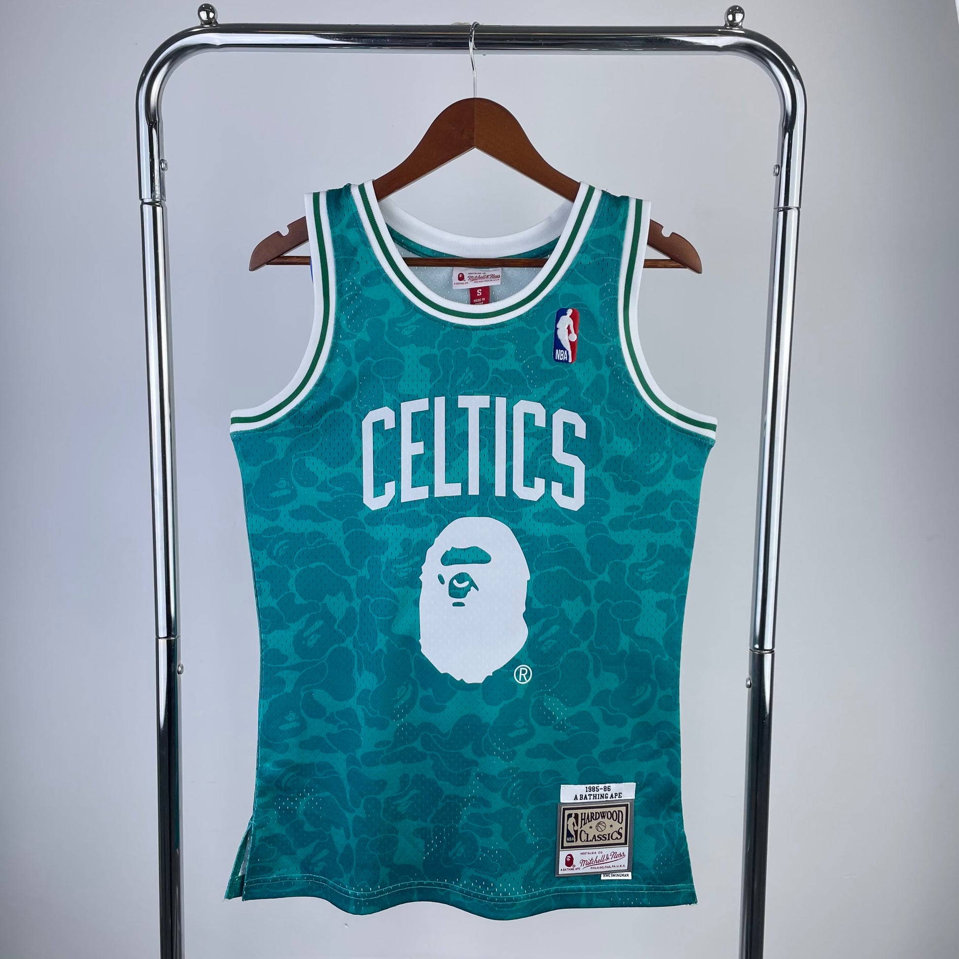 BAPE × M&N joint jersey: Celtics Ape Head