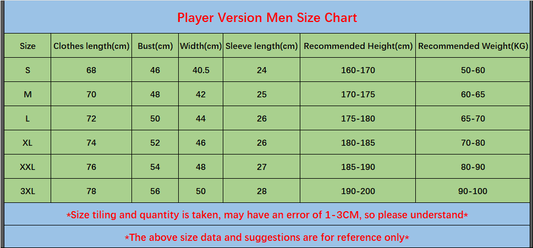 Player version size chart
