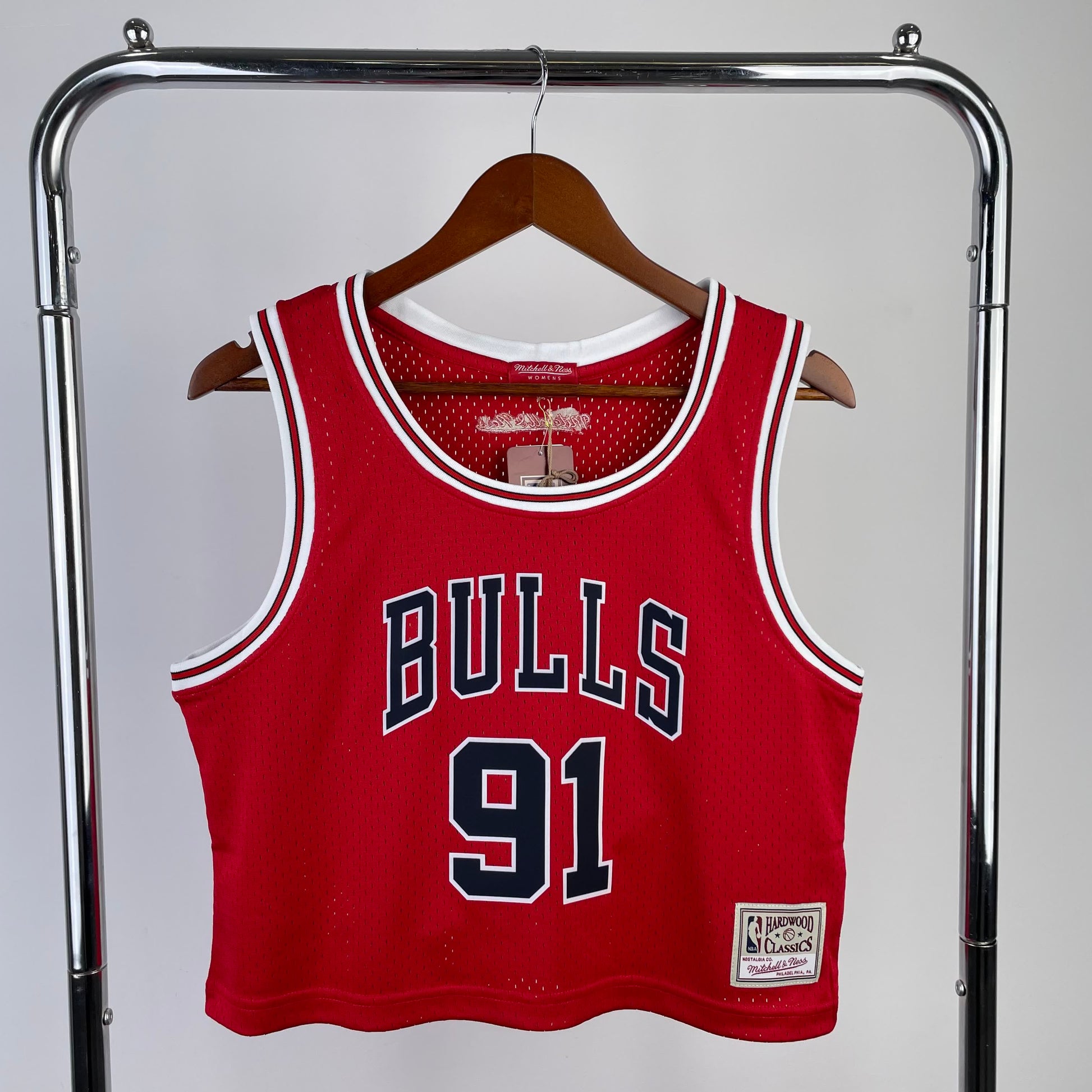 MN Women's Open Navel Vintage Jersey: Bulls Red 91 # Rodman