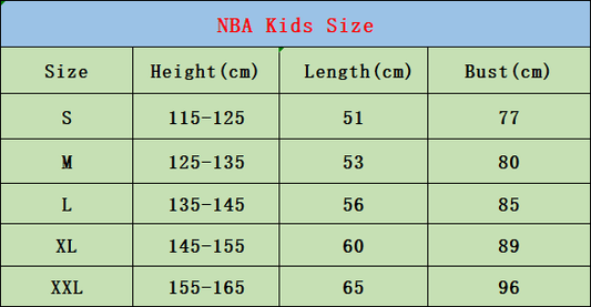 NBA Kids Size Chart
